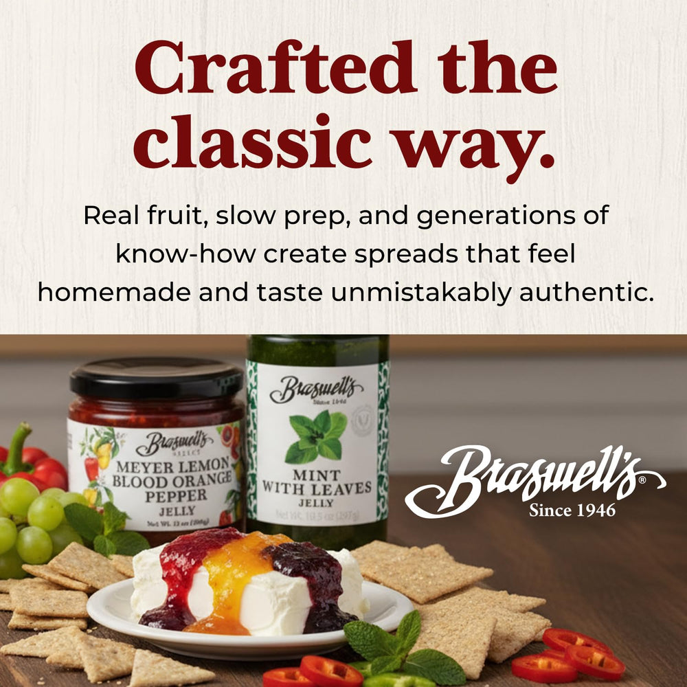 Braswell's 11oz jar next to fruit and utensils showing portion size