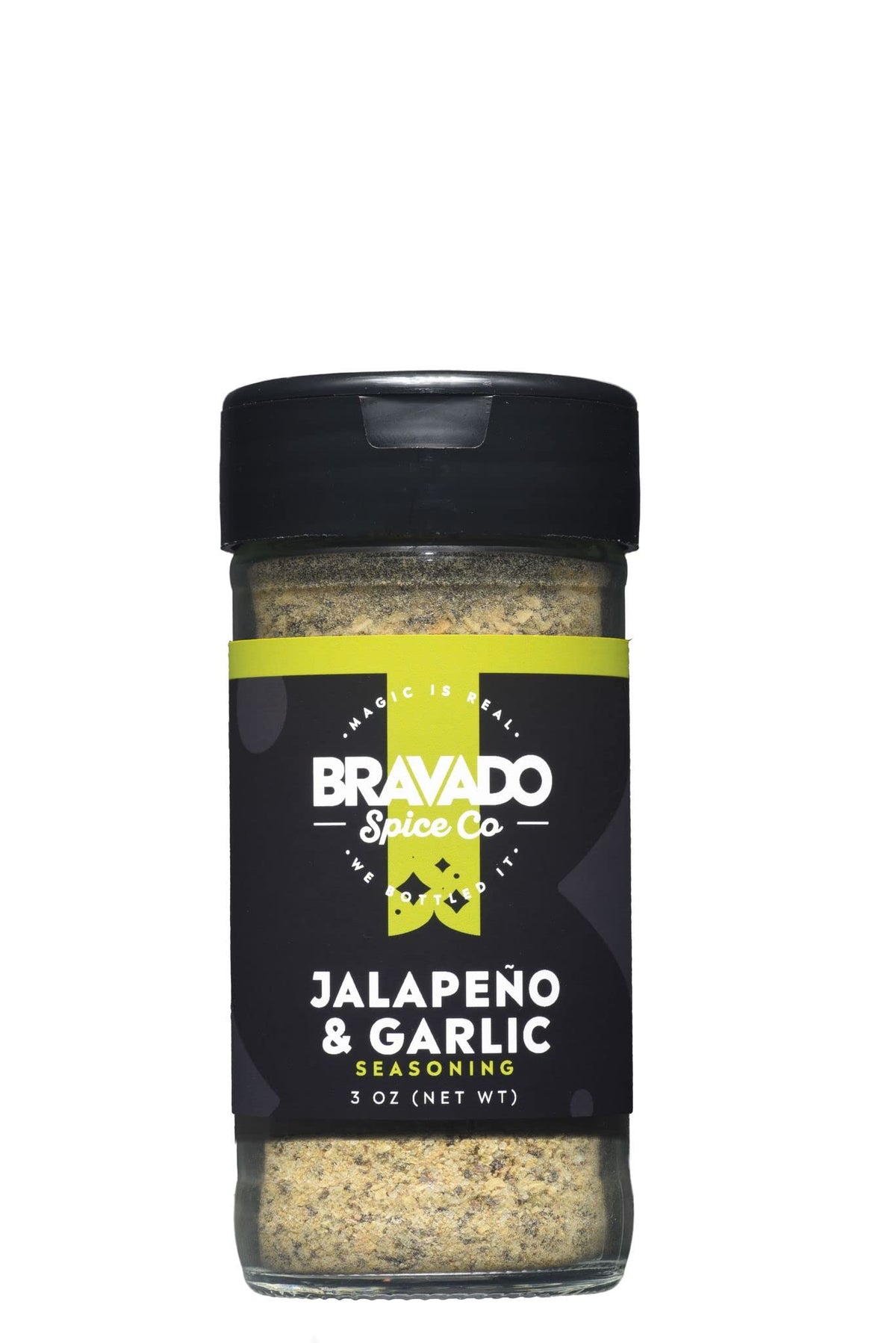 Bravado Spice front bottle view showing label and 3 oz size, highlights convenience