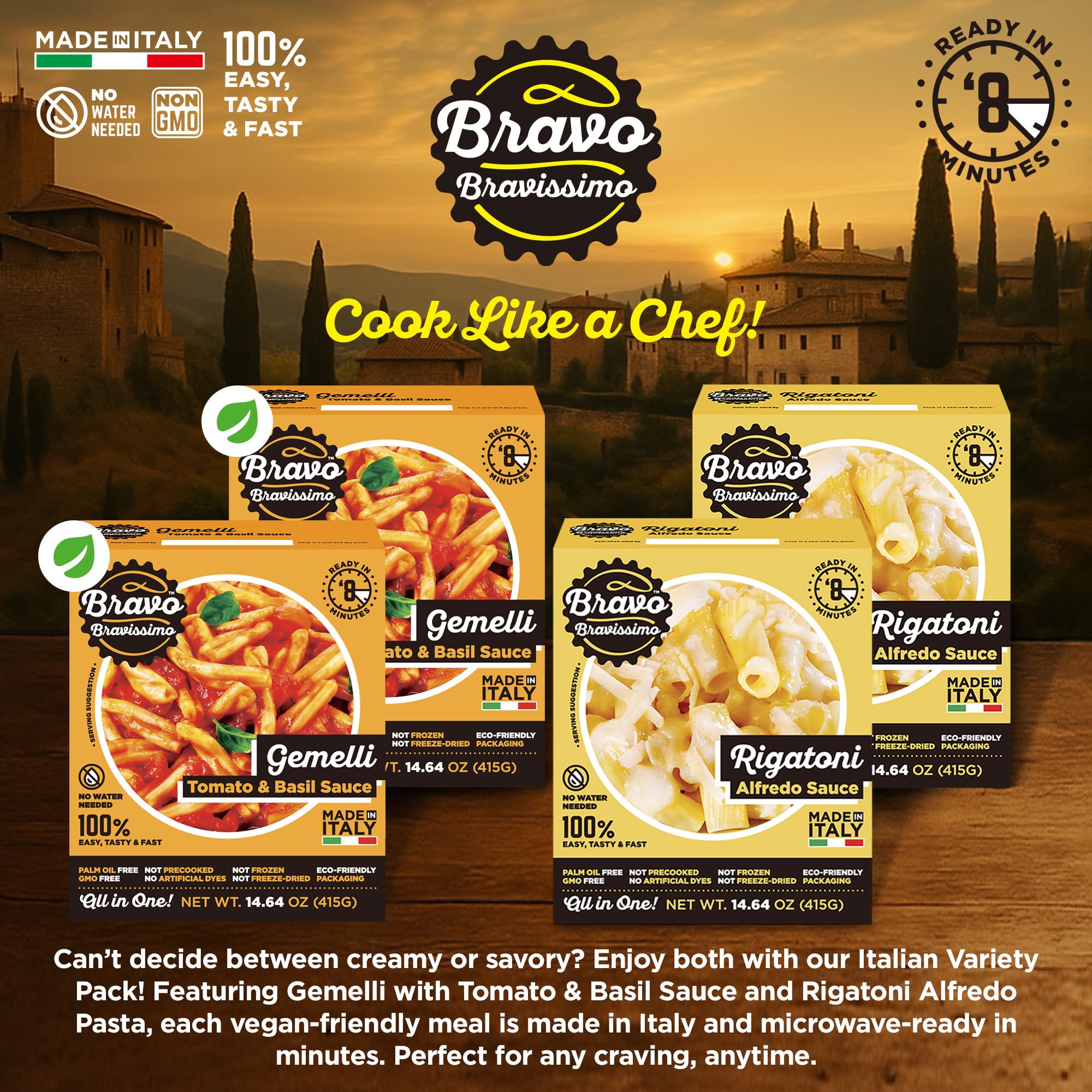 Bravo Bravissimo gemelli close-up with tomato basil sauce highlighting fresh texture