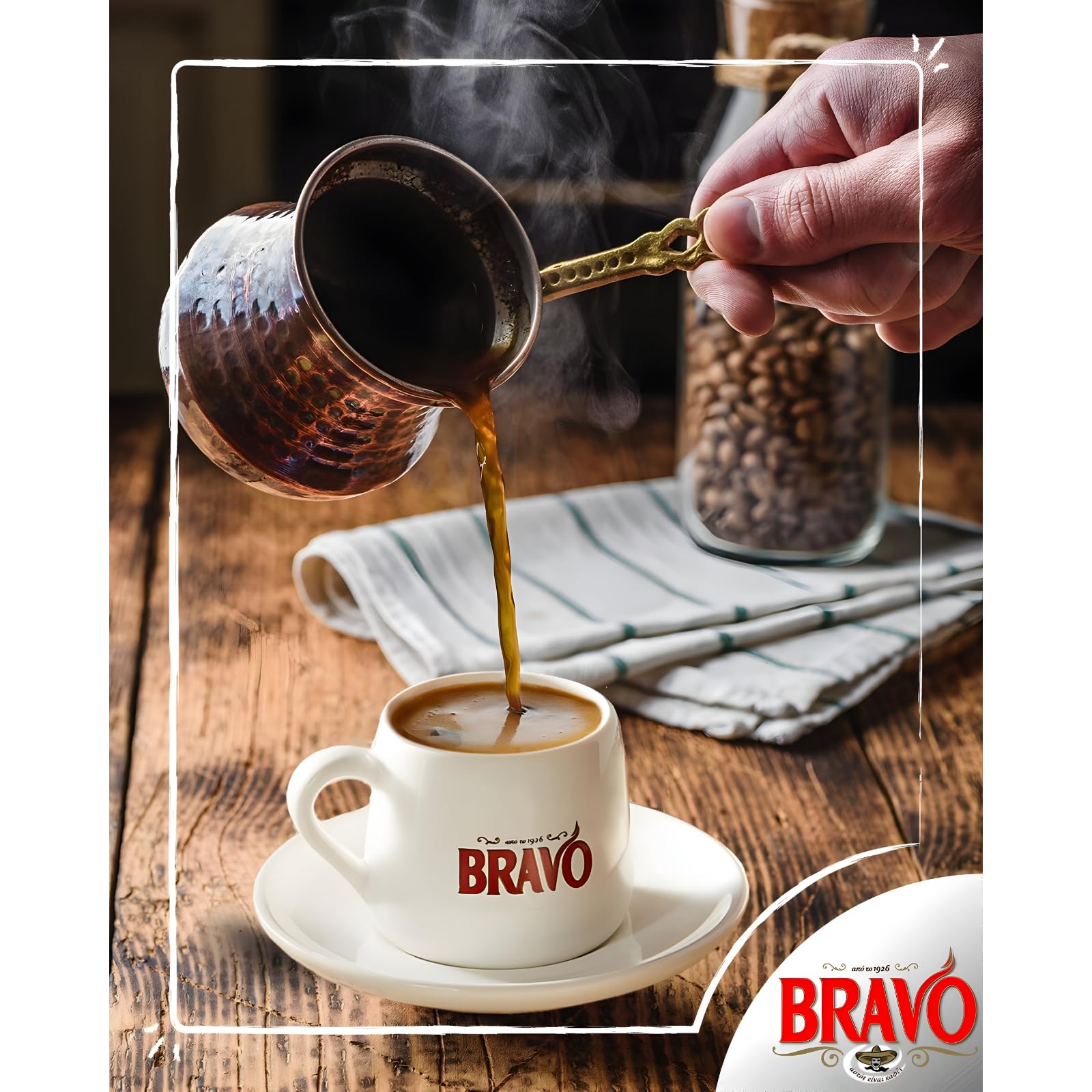 Bravo Classic Greek Coffee brewing in a briki producing foam, demonstrating traditional preparation benefit