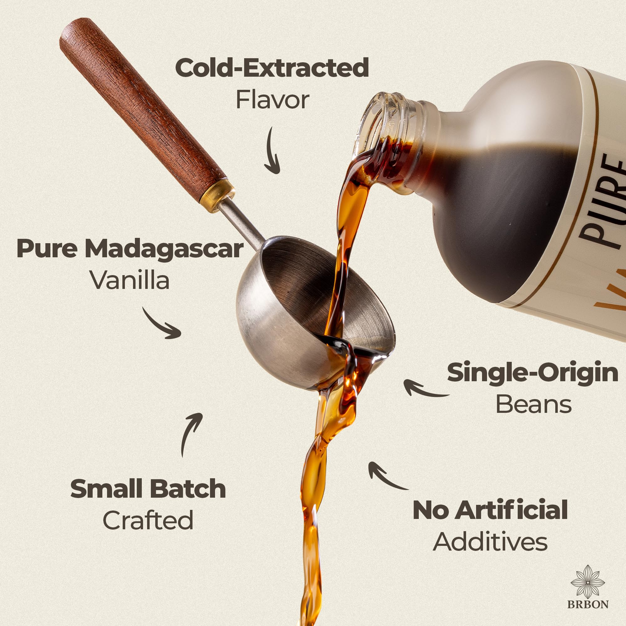 BRBON bottle with Madagascar vanilla beans illustrating single-origin quality