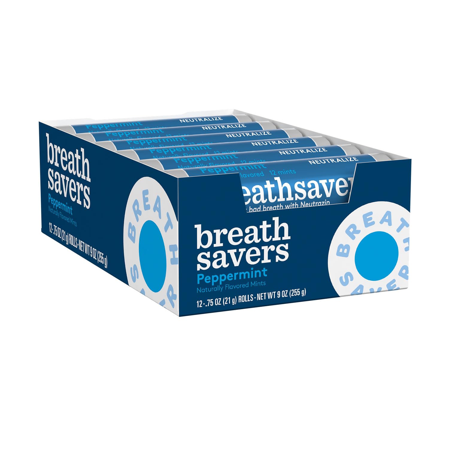 Breath Savers close-up of a roll end revealing mint texture and freshness benefit