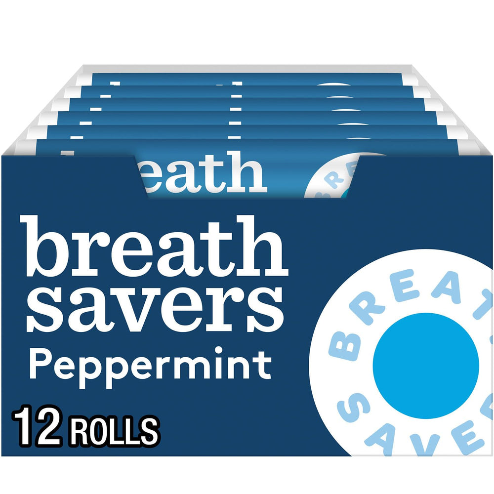 Breath Savers front view of boxed set of peppermint rolls showing quantity and packaging benefit