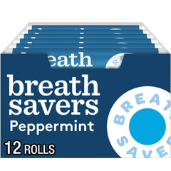 Breath Savers front view of boxed set of peppermint rolls showing quantity and packaging benefit