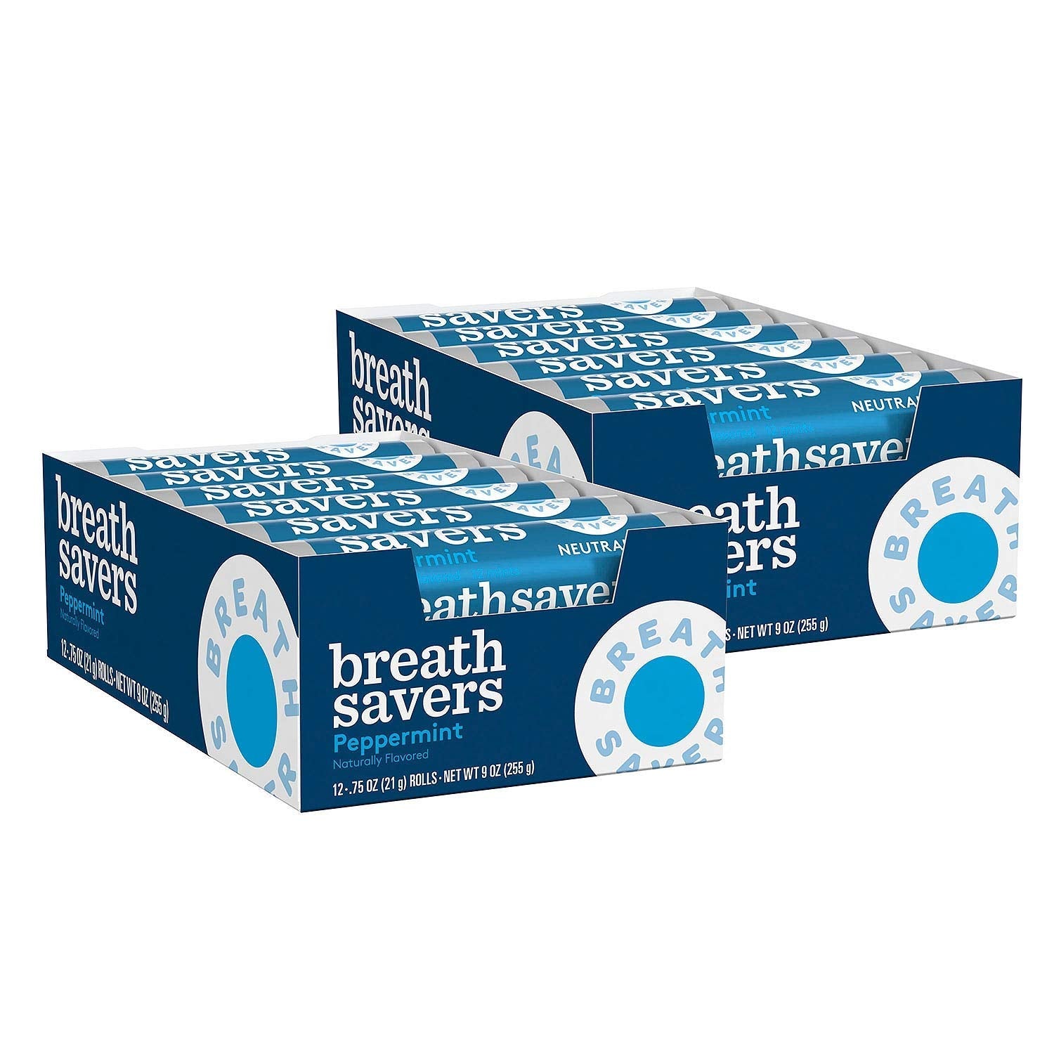 Breath Savers peppermint front packaging showing two 12-count rolls for easy storage and freshness