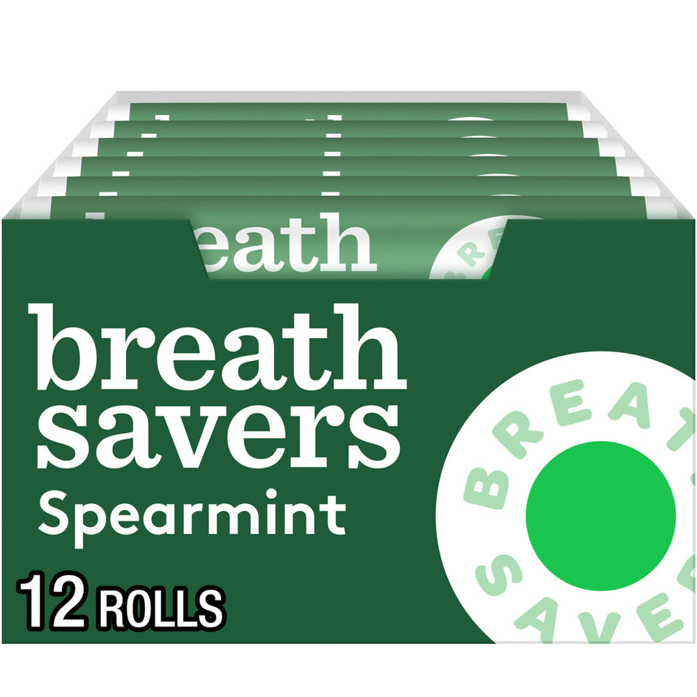 BREATH SAVERS front packaging showing spearmint rolls for quick fresh breath