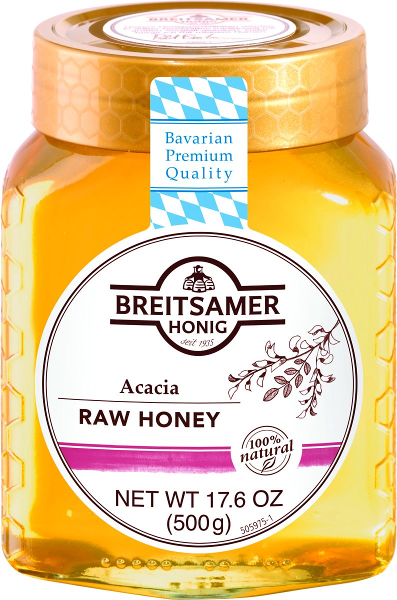 Breitsamer acacia honey jar front view showing label and pure light honey