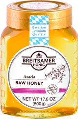 Breitsamer acacia honey jar front view showing label and pure light honey