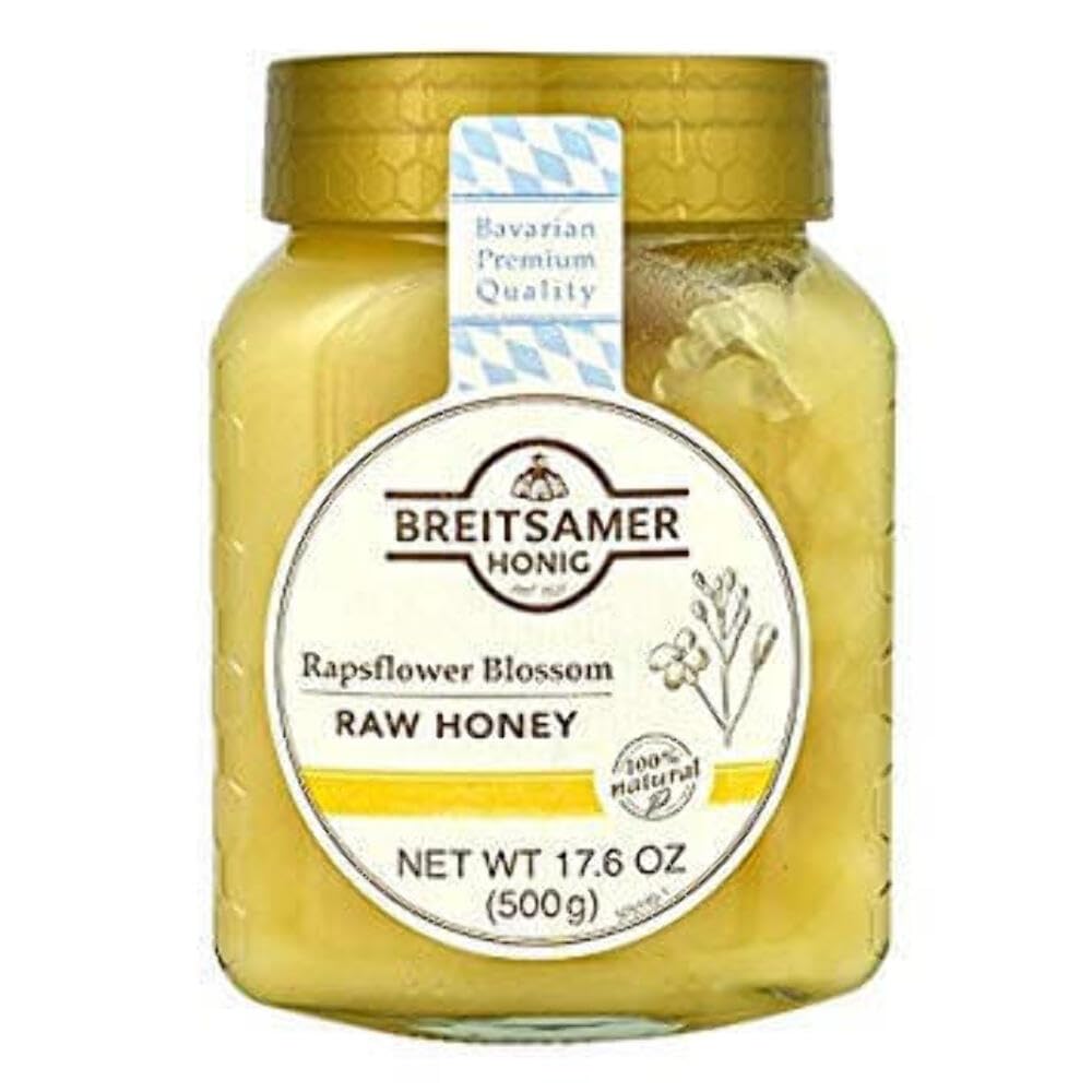 Breitsamer jar front label showing creamy rapeseed honey and premium benefit