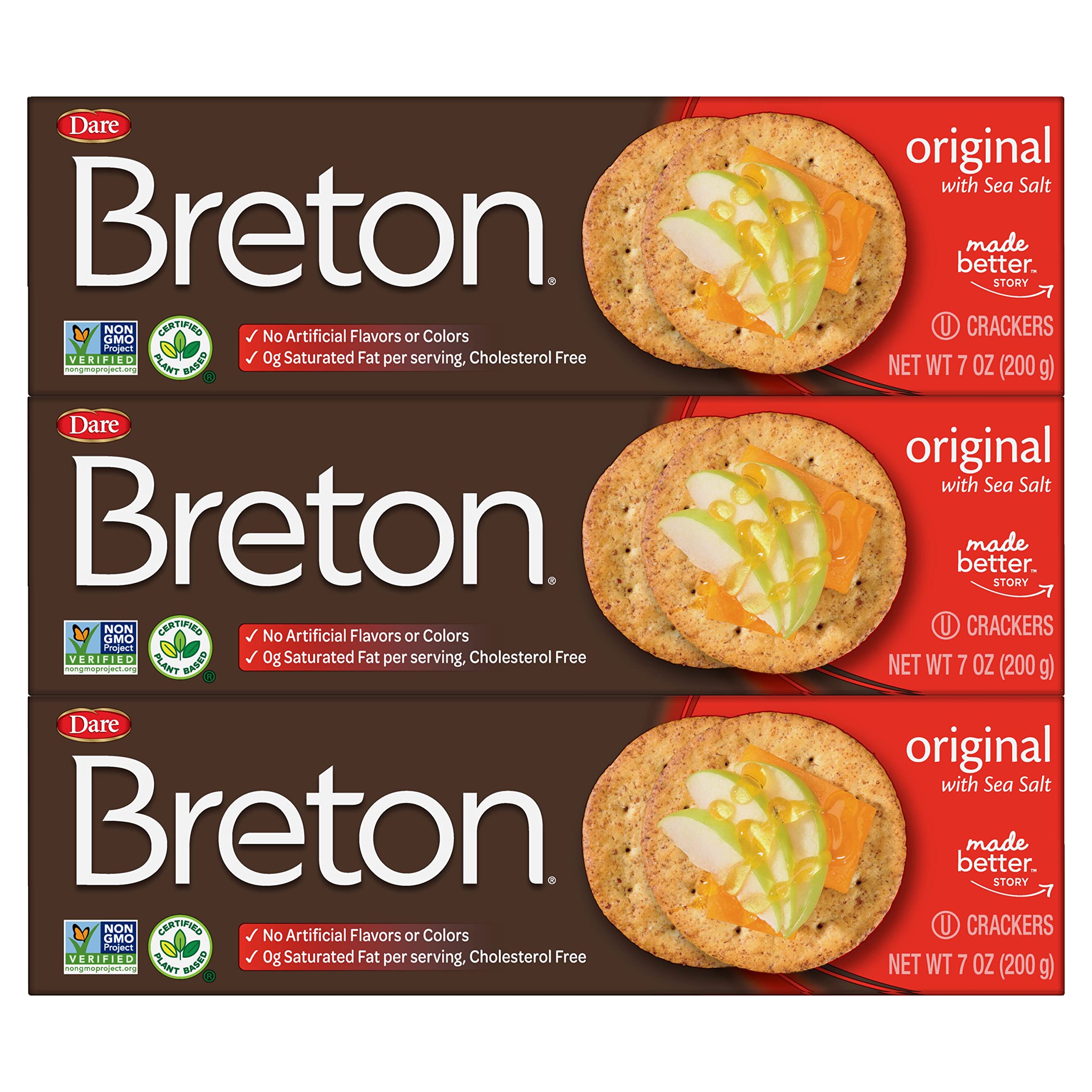 Breton front packaging showing three 7 ounce boxes and clear labeling benefit pantry stocking
