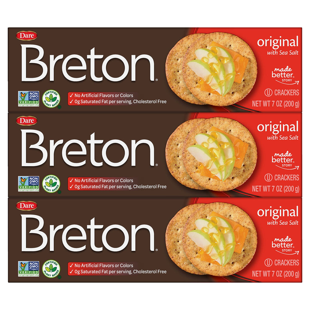 Breton front packaging showing three 7 ounce boxes and clear labeling benefit pantry stocking