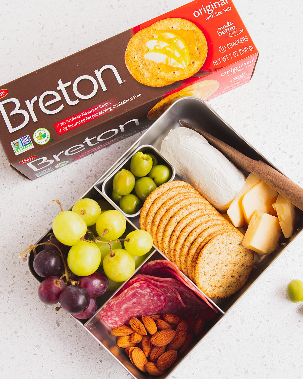Breton crackers arranged on a serving board for easy entertaining and appetizer appeal