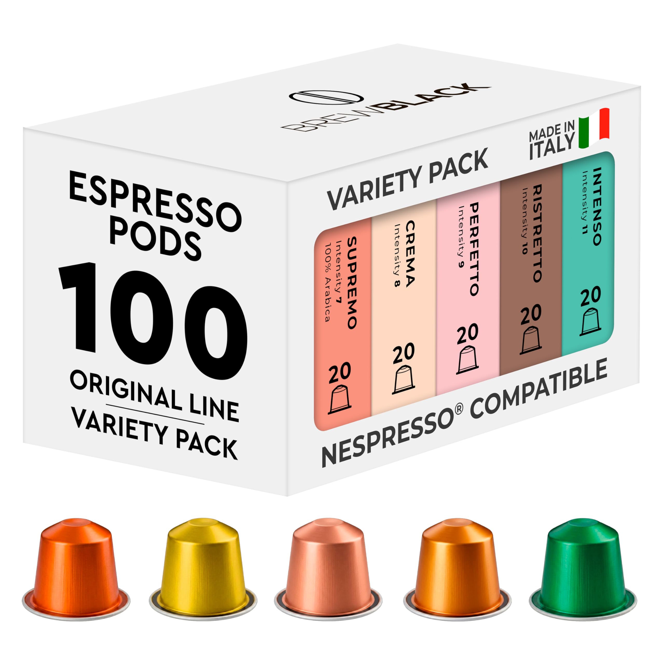 BREWBLACK front packaging showing five-blend assortment and 100 pods, clear product overview