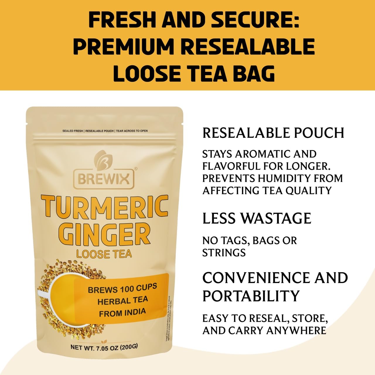 BREWIX pouch beside a scale and cup, demonstrates 200g bag yield and size