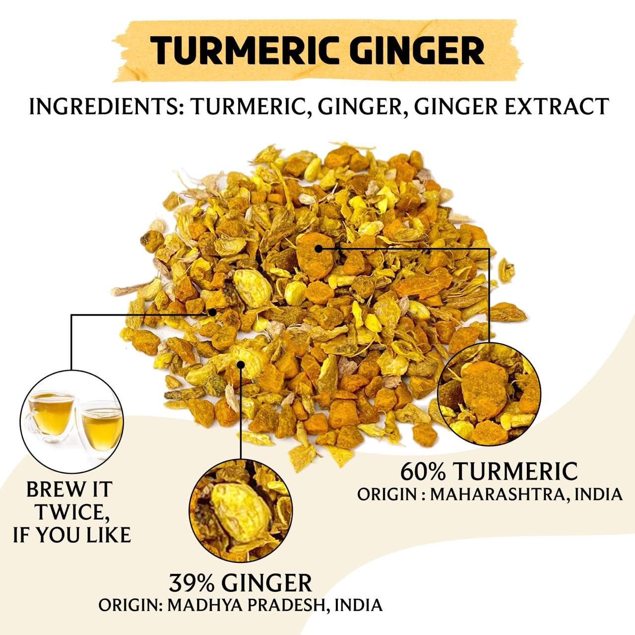 BREWIX loose turmeric and ginger pieces close-up, shows texture and quality