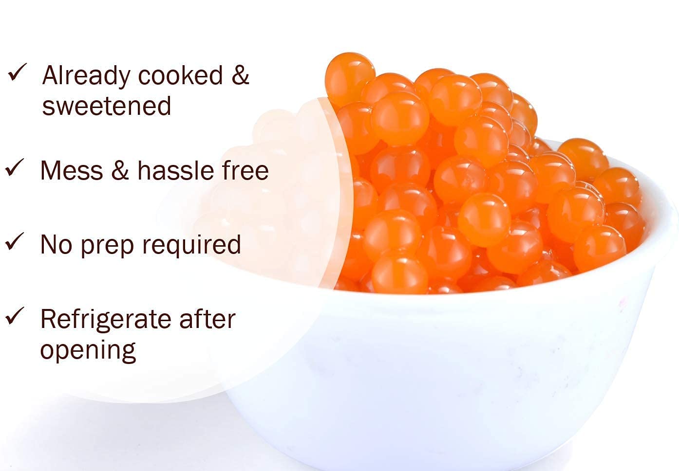 BREXONIC mango popping boba close-up showing glossy texture and fruity bursts