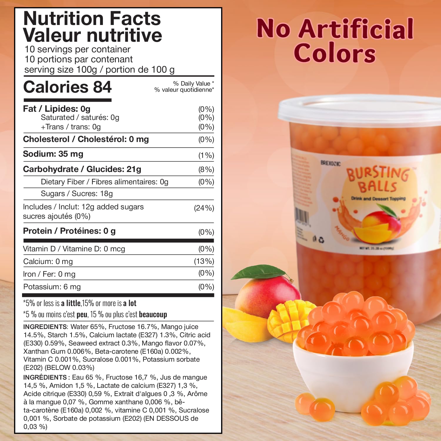 BREXONIC close-up of delicate shell and mango liquid center, vivid burst of flavor