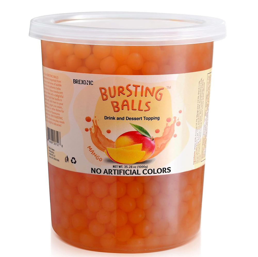 BREXONIC front packaging showing 2 lb mango popping boba, convenient pantry supply