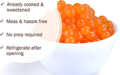 BREXONIC jar open with mango pearls visible, easy-to-scoop topping for desserts