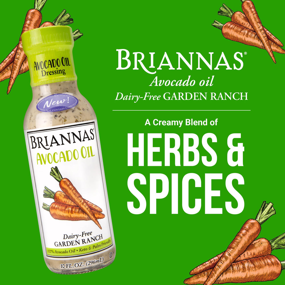 BRIANNAS pouring garden ranch over mixed greens highlighting creamy, avocado oil blend