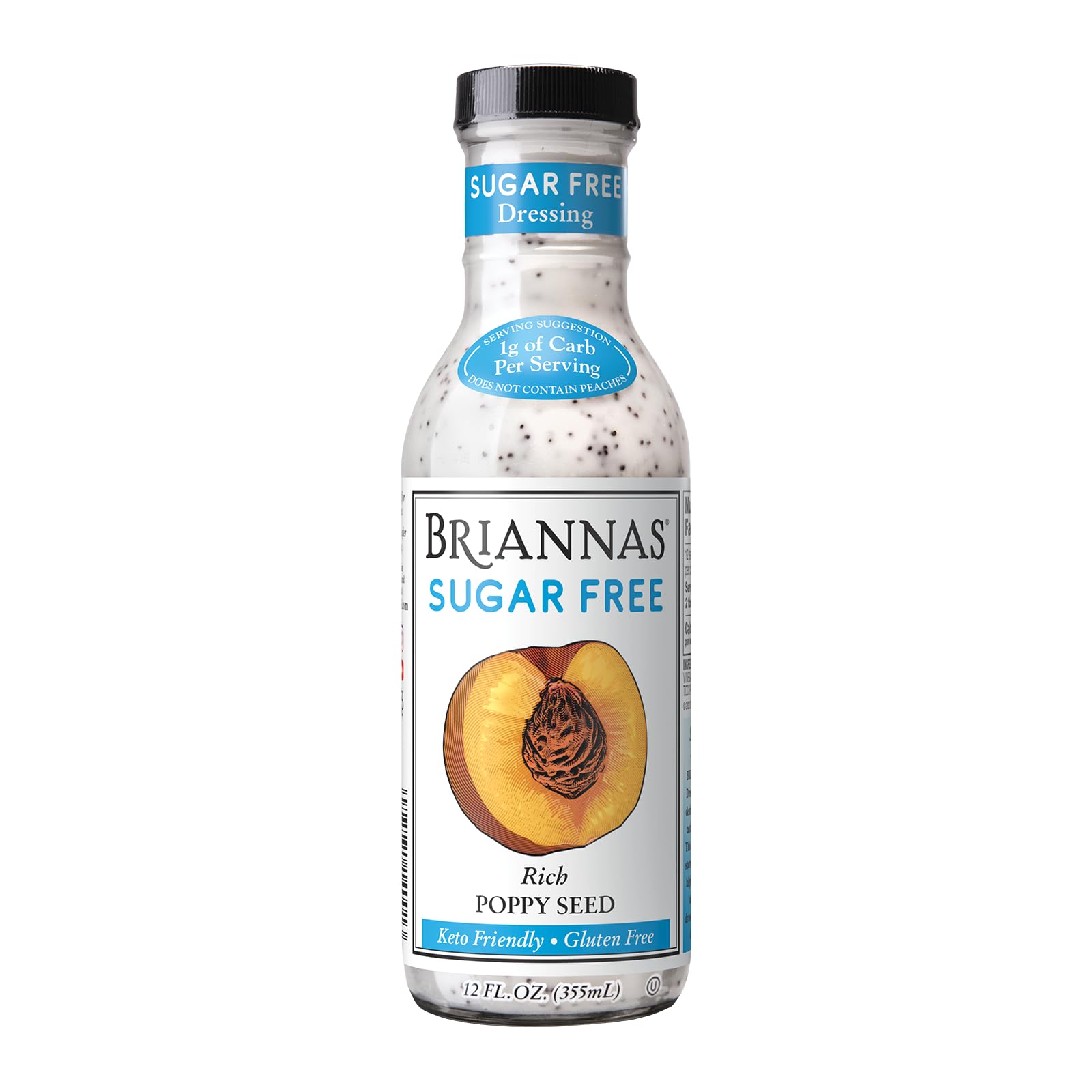 BRIANNAS front bottle view showing rich poppy seed dressing and low-calorie benefit