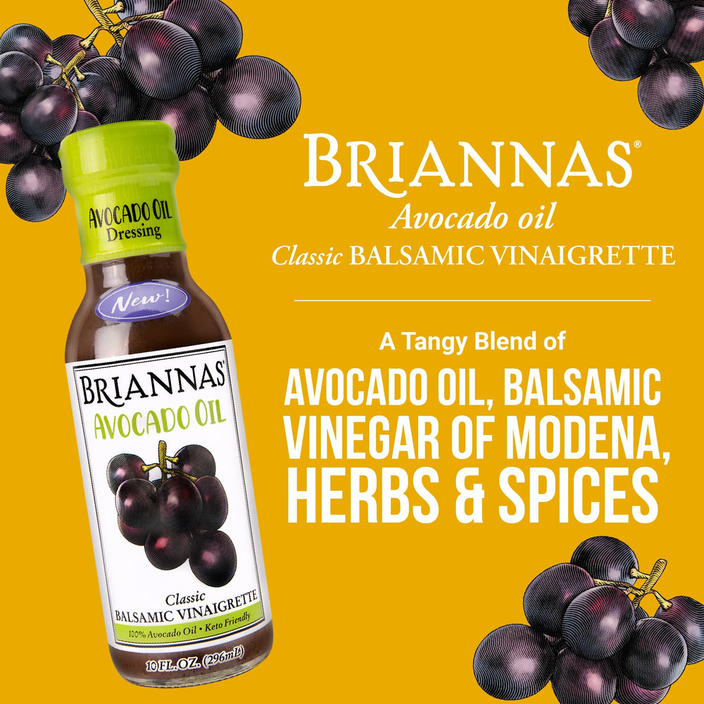BRIANNAS label close-up highlighting avocado oil and balsamic ingredients benefit