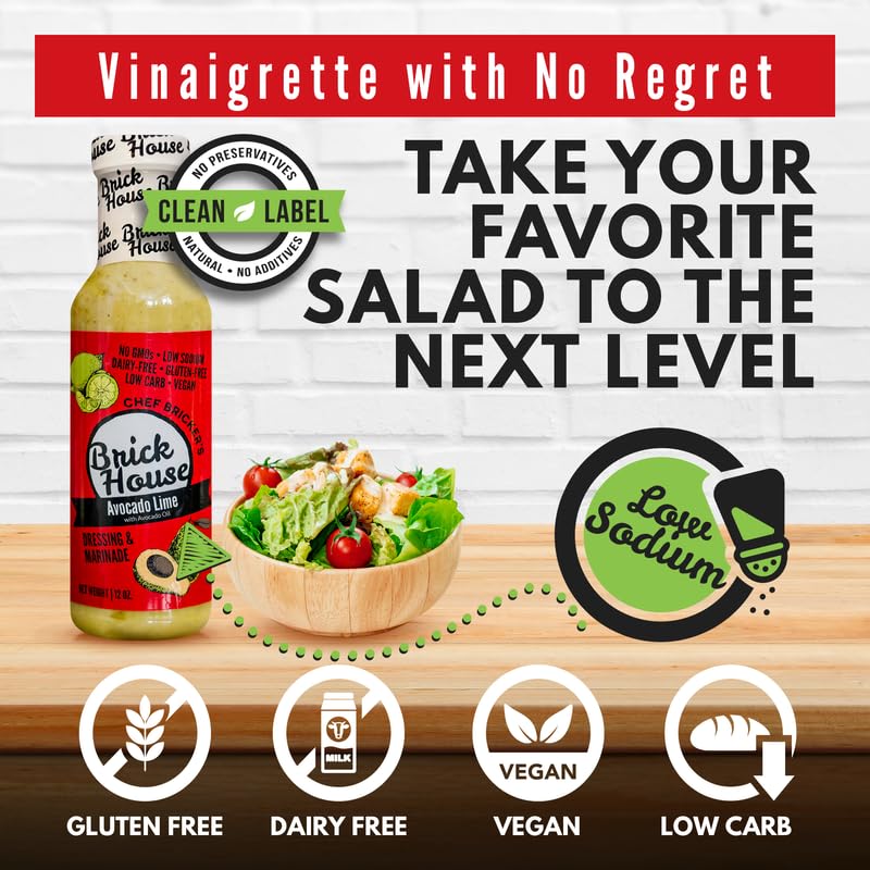Brick House bottle close-up label displays avocado oil and lime, assures transparency