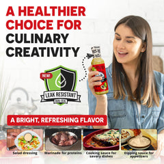 Avocado lime vinaigrette pouring texture from bottle, shows creamy consistency benefit