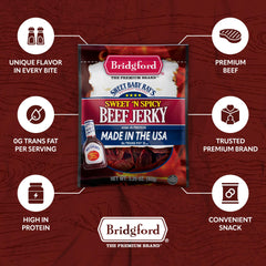 bridgford jerky in hand demonstrating 3.25 oz pouch size and portability benefit