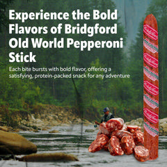 Bridgford pepperoni stick beside a ruler showing actual size and portioning