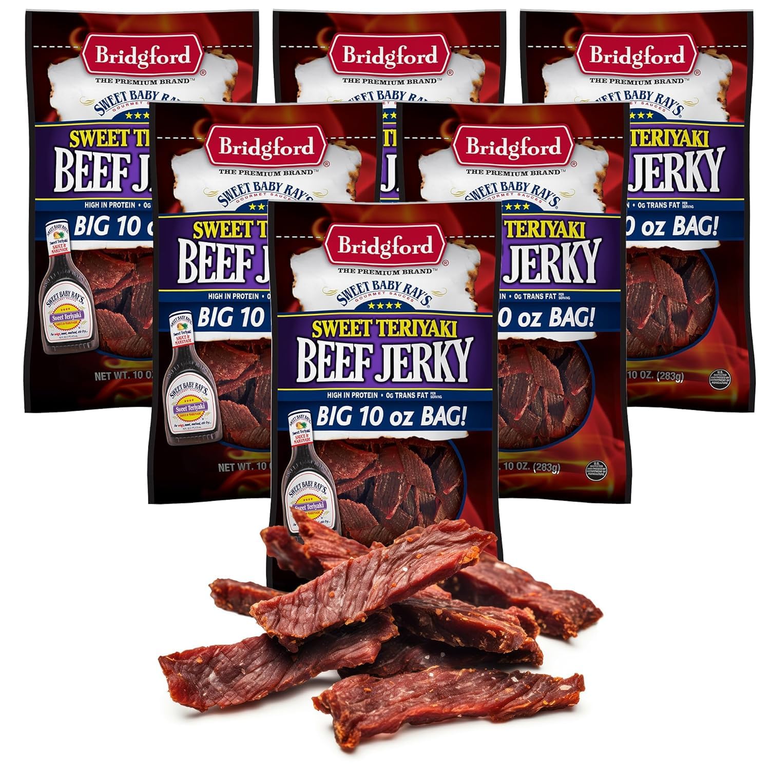 Bridgford front packaging showing Sweet Baby Ray's teriyaki flavor and convenient six-pack
