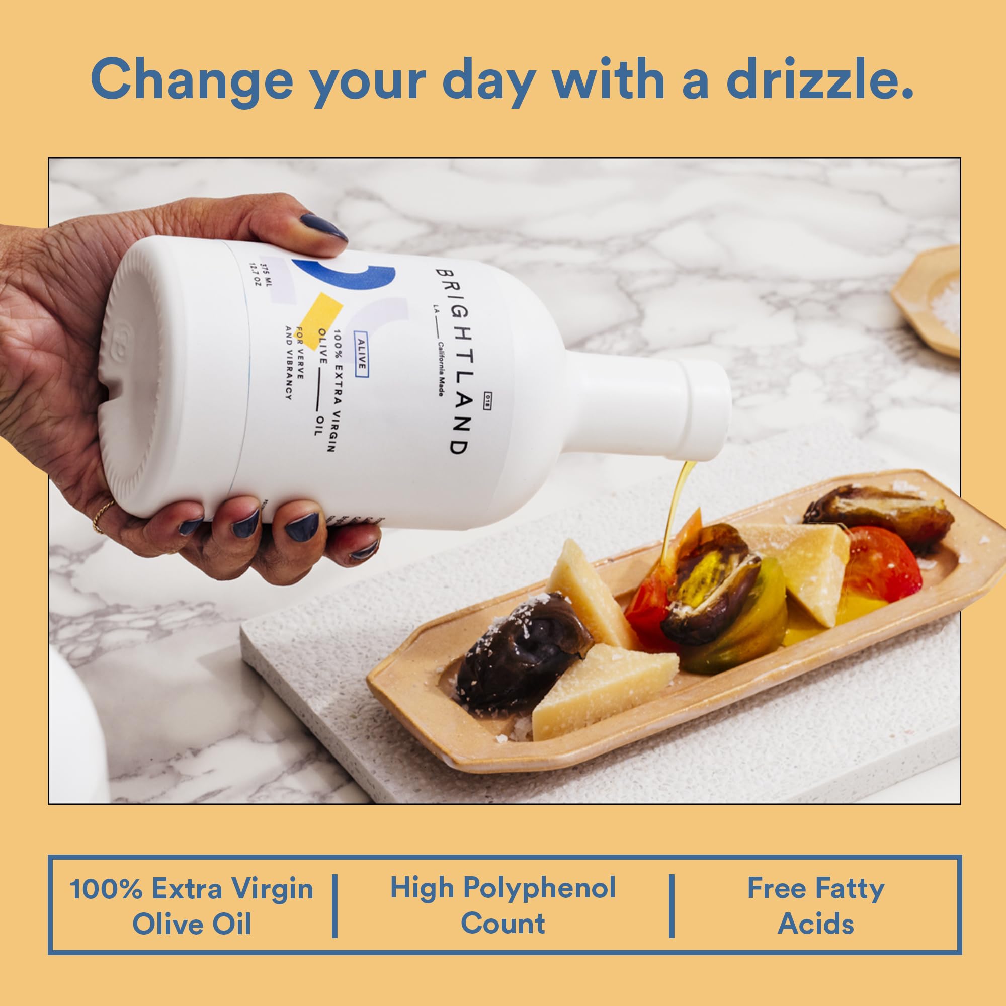 Brightland Alive drizzled on salad demonstrating bright, fresh finishing benefit