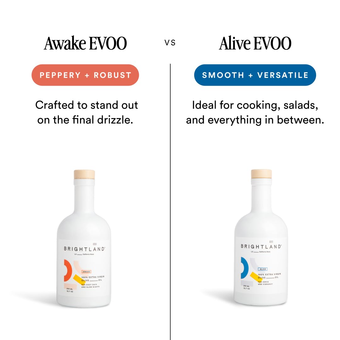 Brightland Alive label highlighting Arbequina Arbosana Koroneiki blend benefits