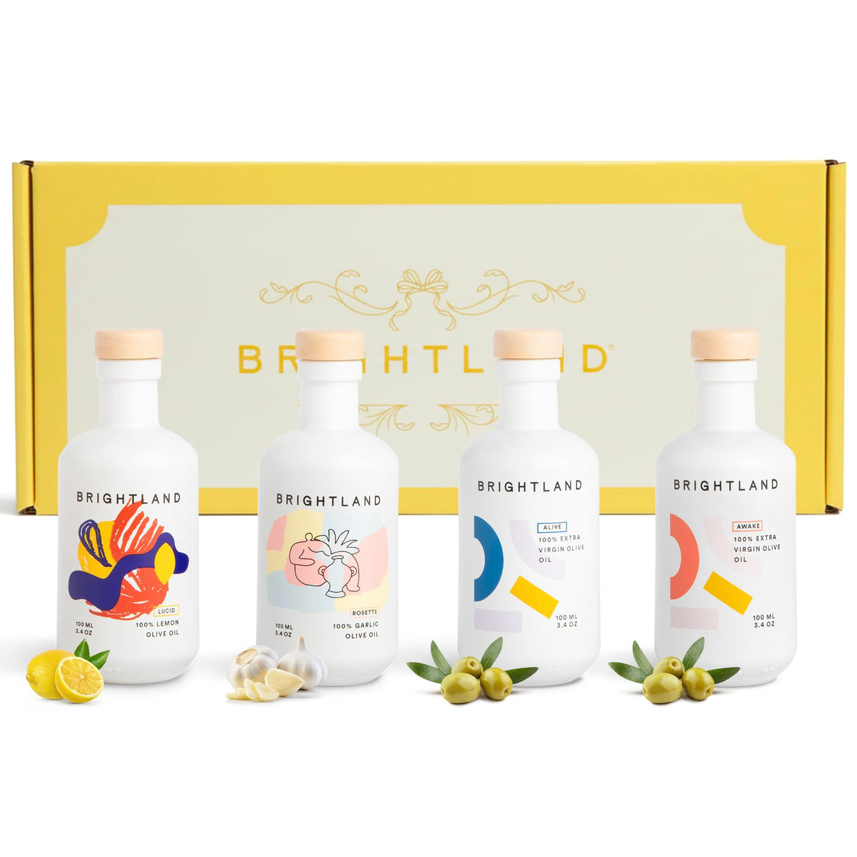 Brightland front packaging showing gift-ready mini olive oil set for thoughtful gifting
