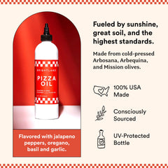 Brightland oil drizzled on pizza slice adding spicy, garlicky finish