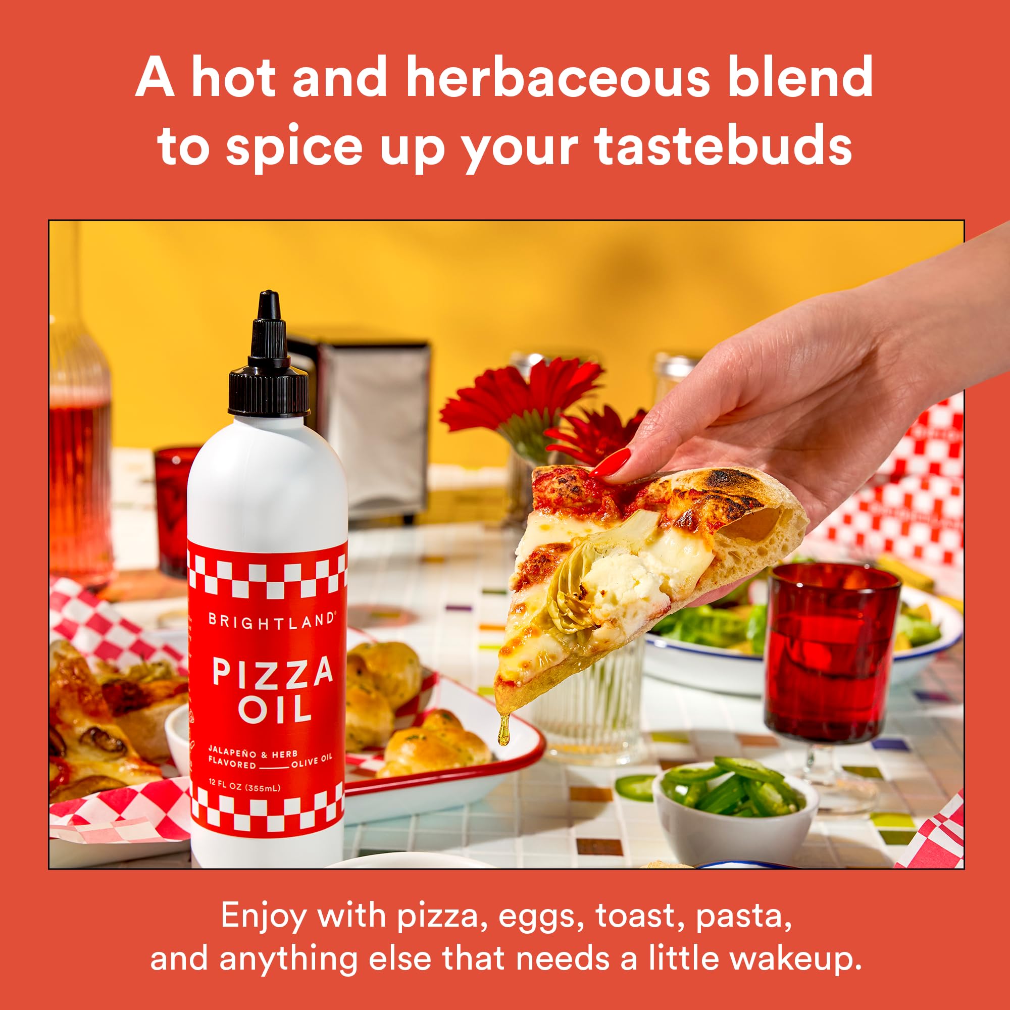 Brightland oil pouring from bottle over food illustrating quick flavor boost