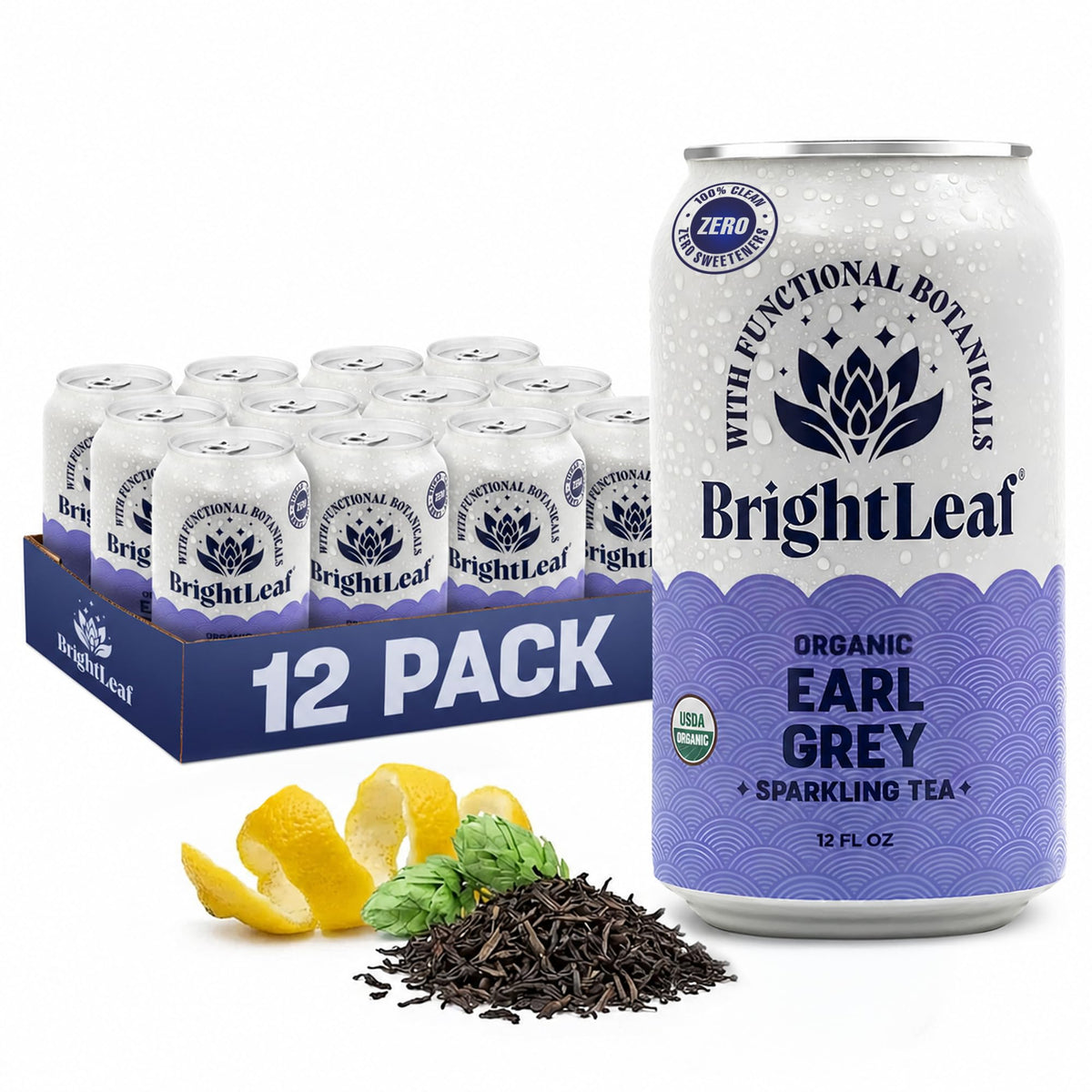 BrightLeaf front can view showing Earl Grey design and zero sugar benefit