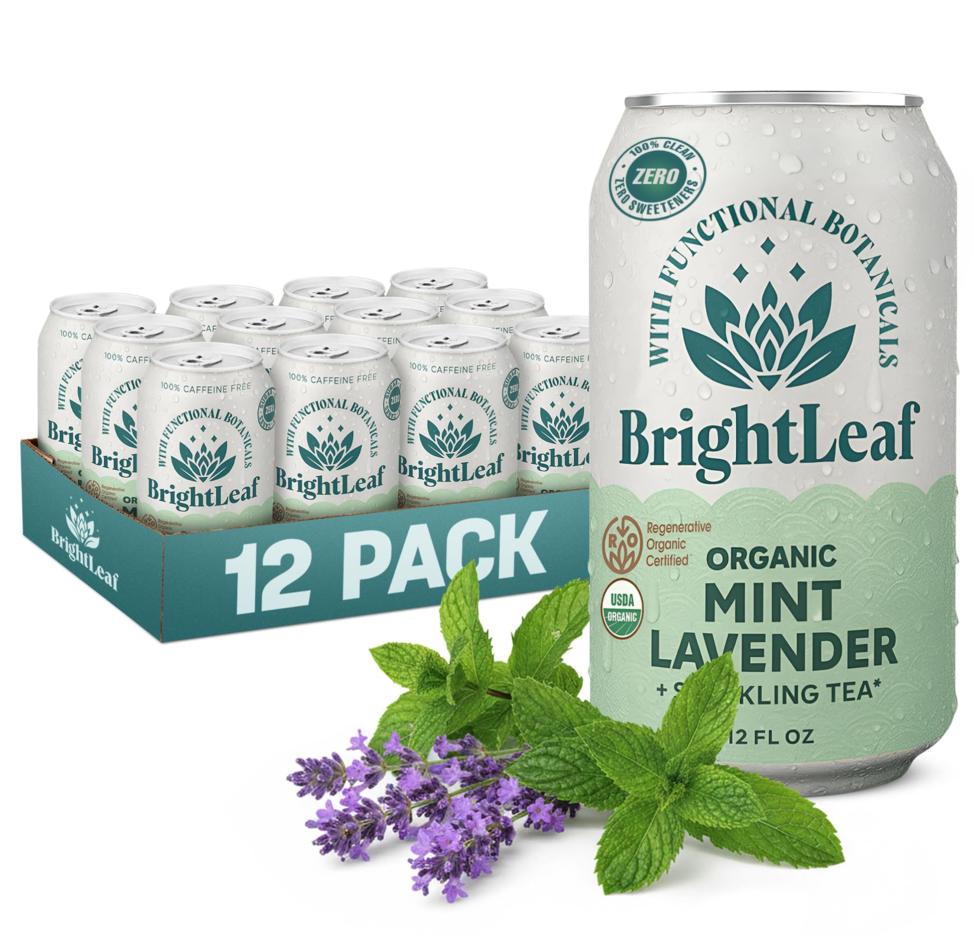 BrightLeaf front can displaying mint lavender flavor and clean label benefit