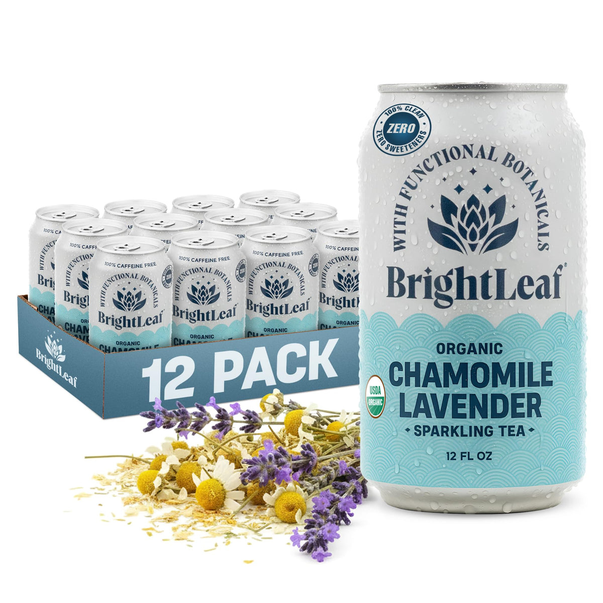 BrightLeaf front can showing chamomile lavender design and clear branding for instant recognition and calm boost