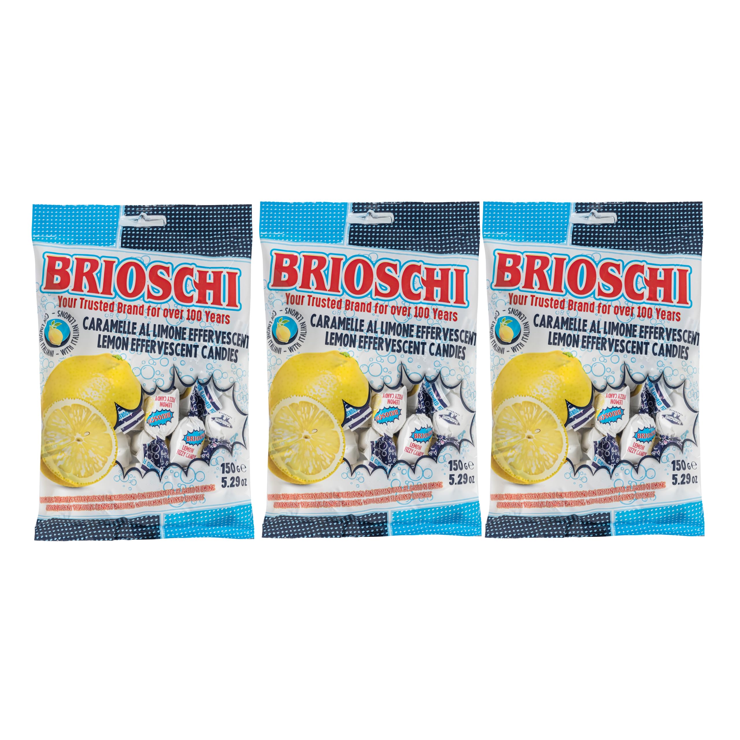 Brioschi front packaging showing lemon candies and product benefit of portability