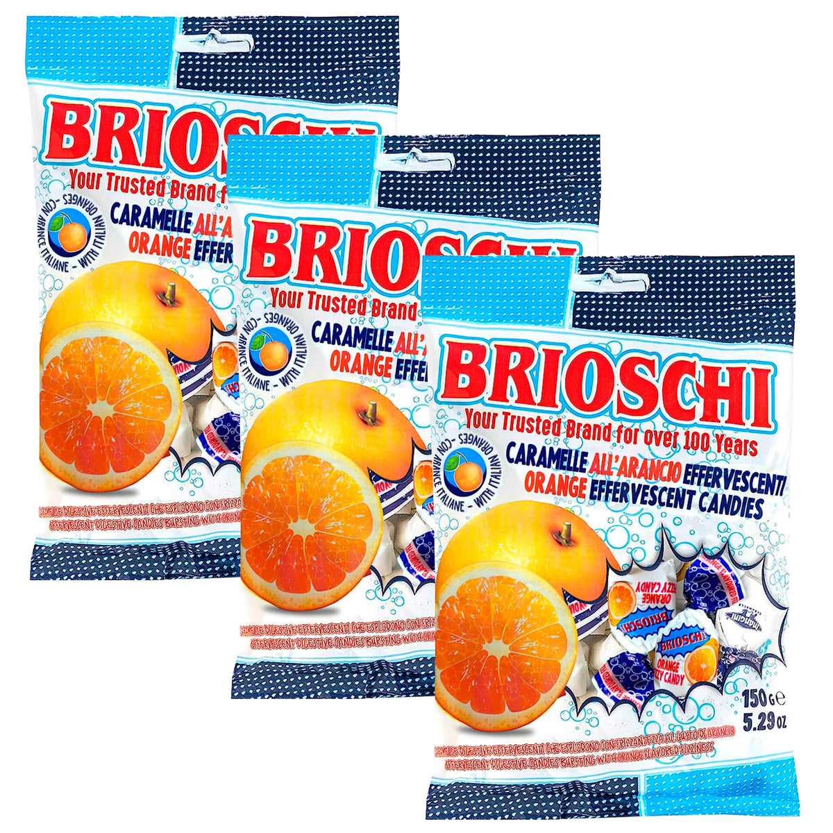 Brioschi orange bag front view showing citrus fizz and refreshing taste