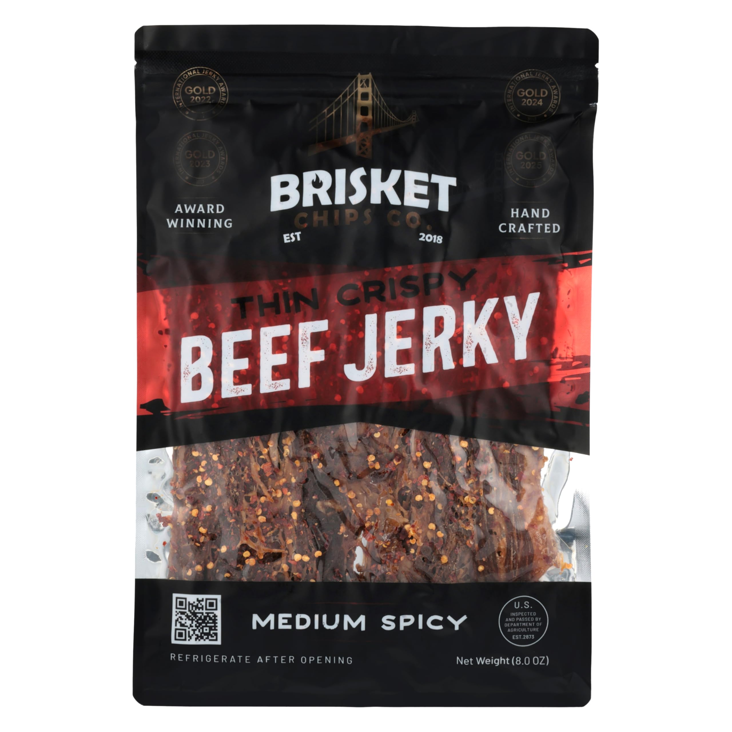 Brisket Chips Co. front packaging showing medium spicy flavor and nutrition benefits