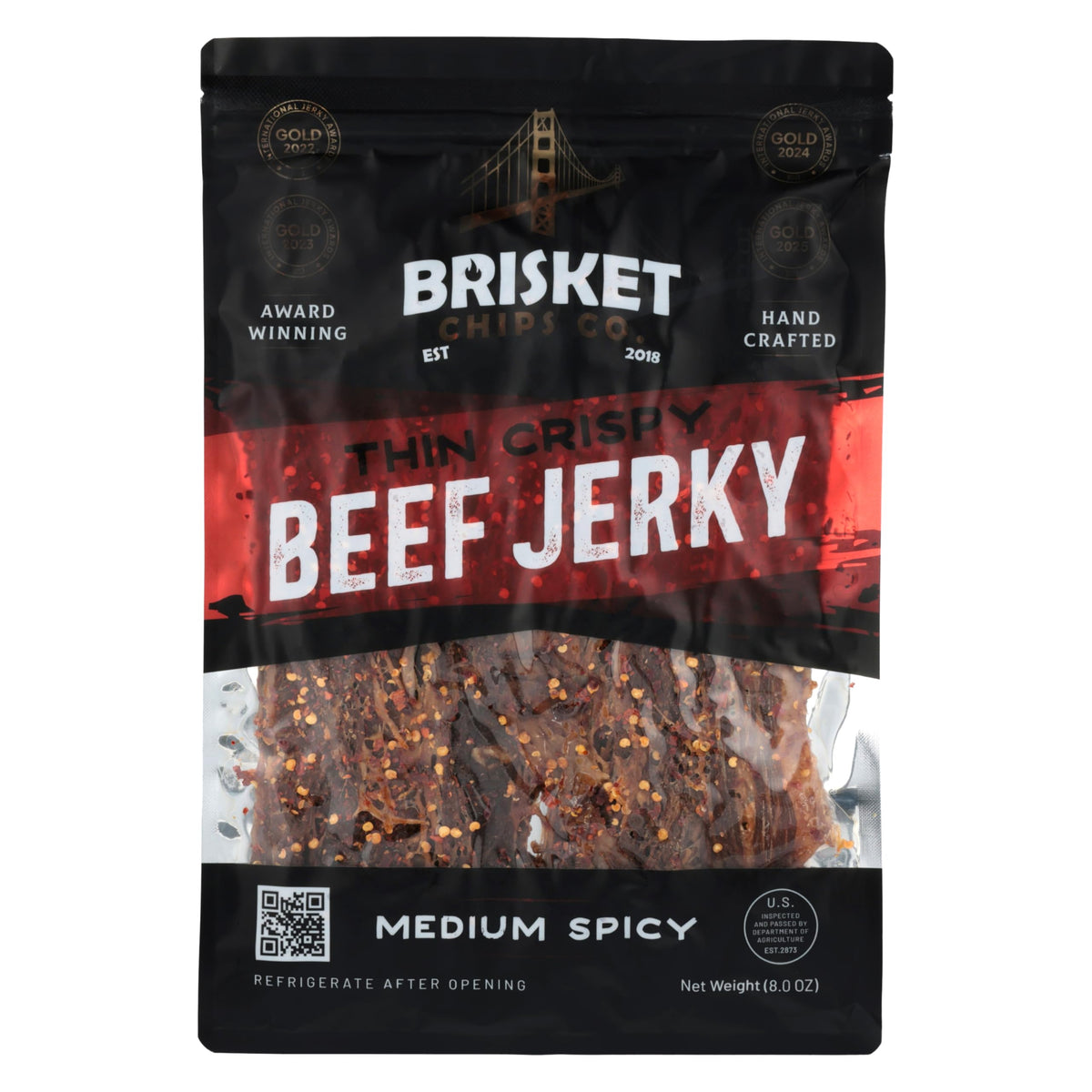 Brisket Chips Co. front packaging showing medium spicy flavor and nutrition benefits