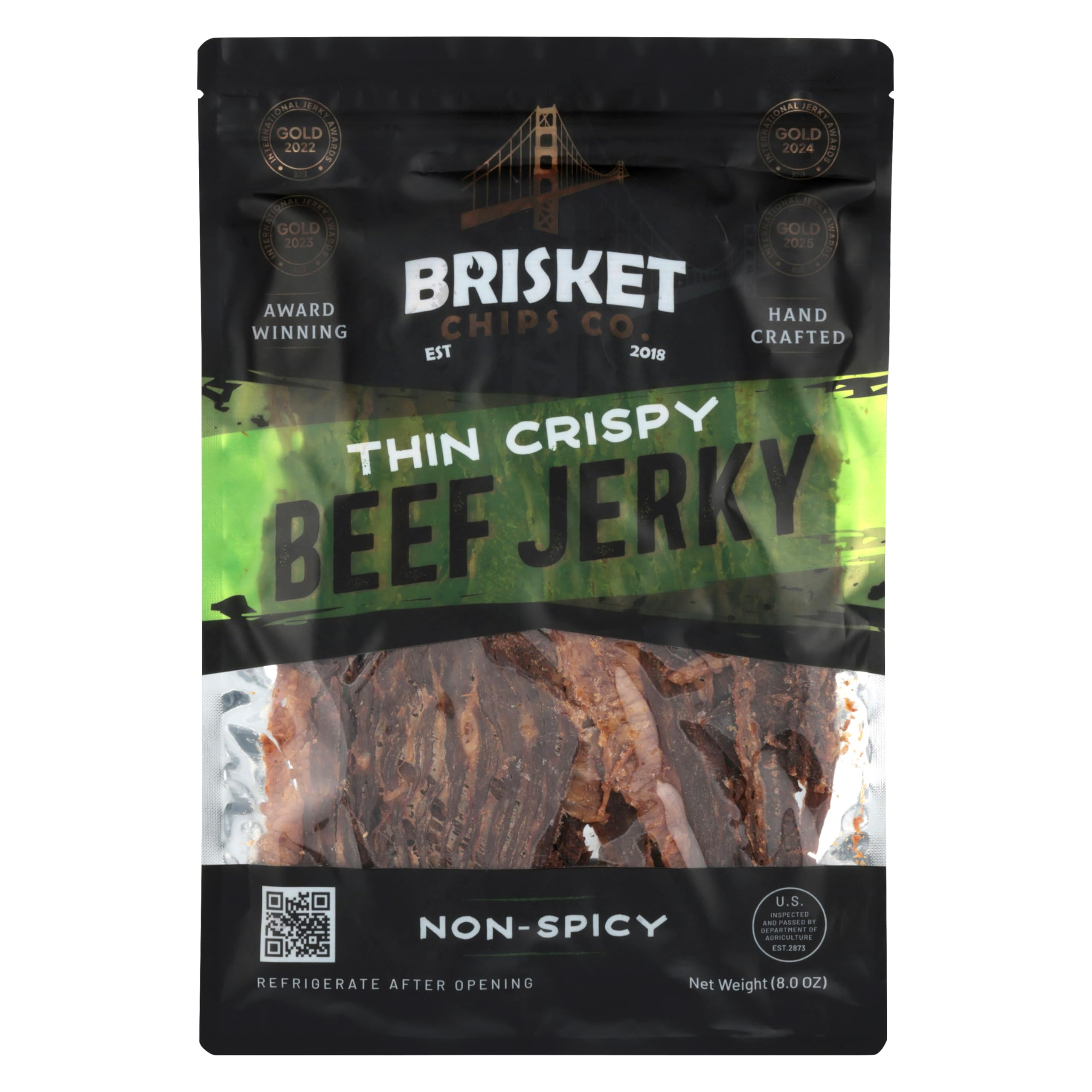 Brisket Chips Co. front packaging showing 8oz bag and branding, highlights convenience