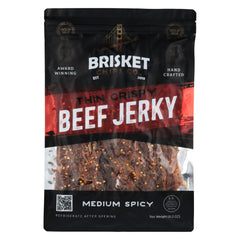 Brisket Chips Co. front packaging showing medium spicy flavor and nutrition benefits