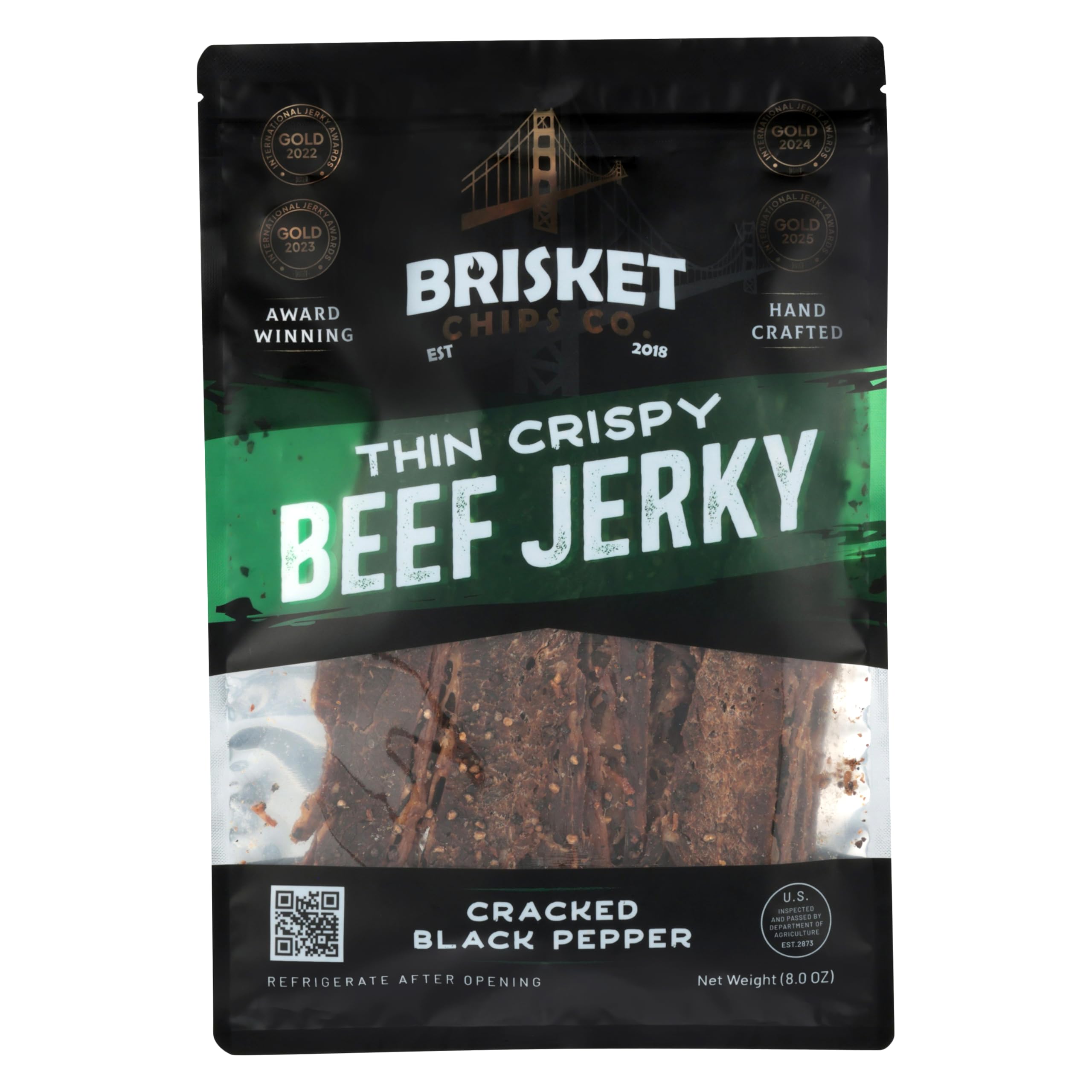 Brisket Chips Co. front packaging showing 8oz bag and cracked black pepper benefit