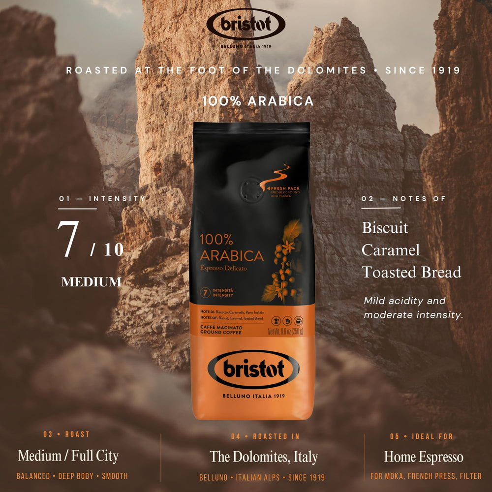 Bristot ground coffee texture close-up highlighting aroma and consistent grind