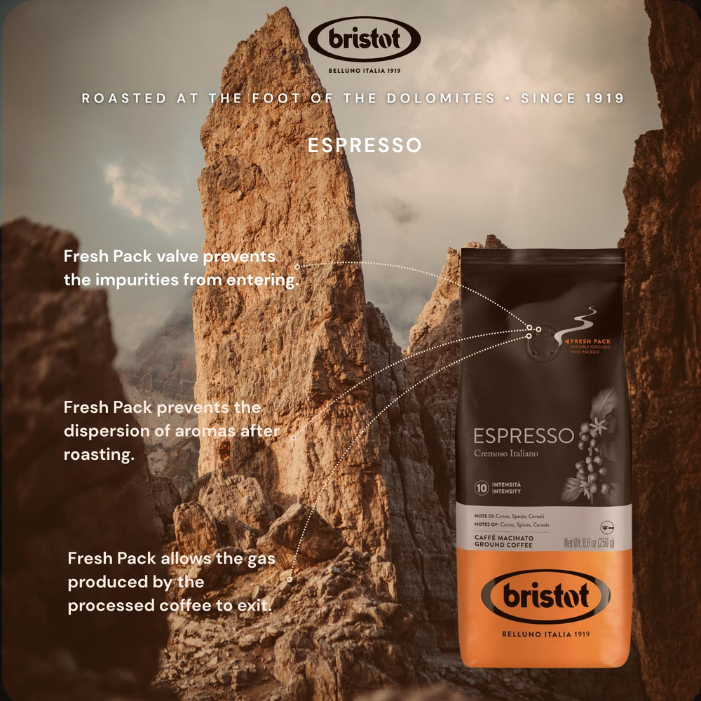 Bristot grounds close-up revealing fine espresso texture for even extraction