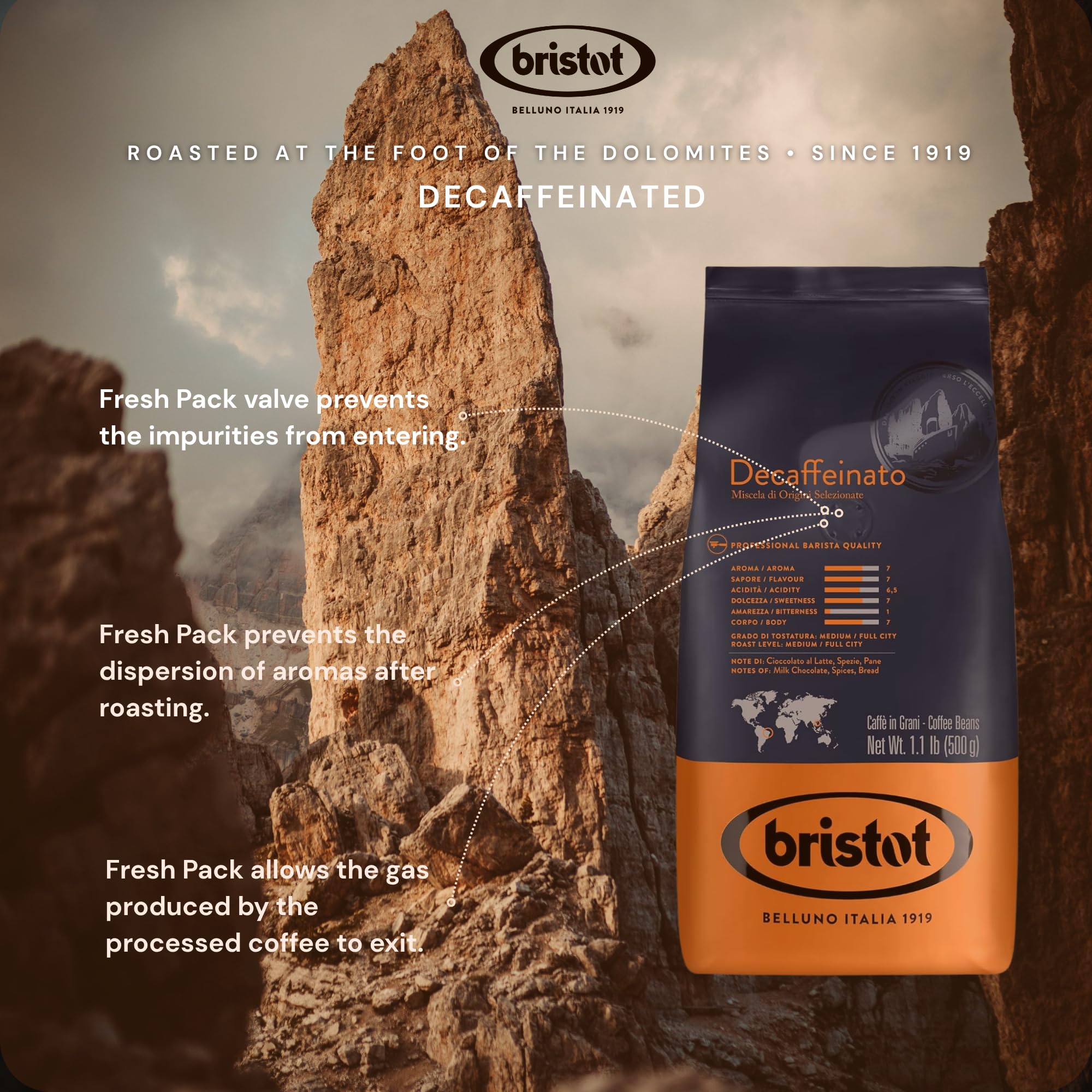 Bristot decaf close-up of whole beans highlighting texture and freshness