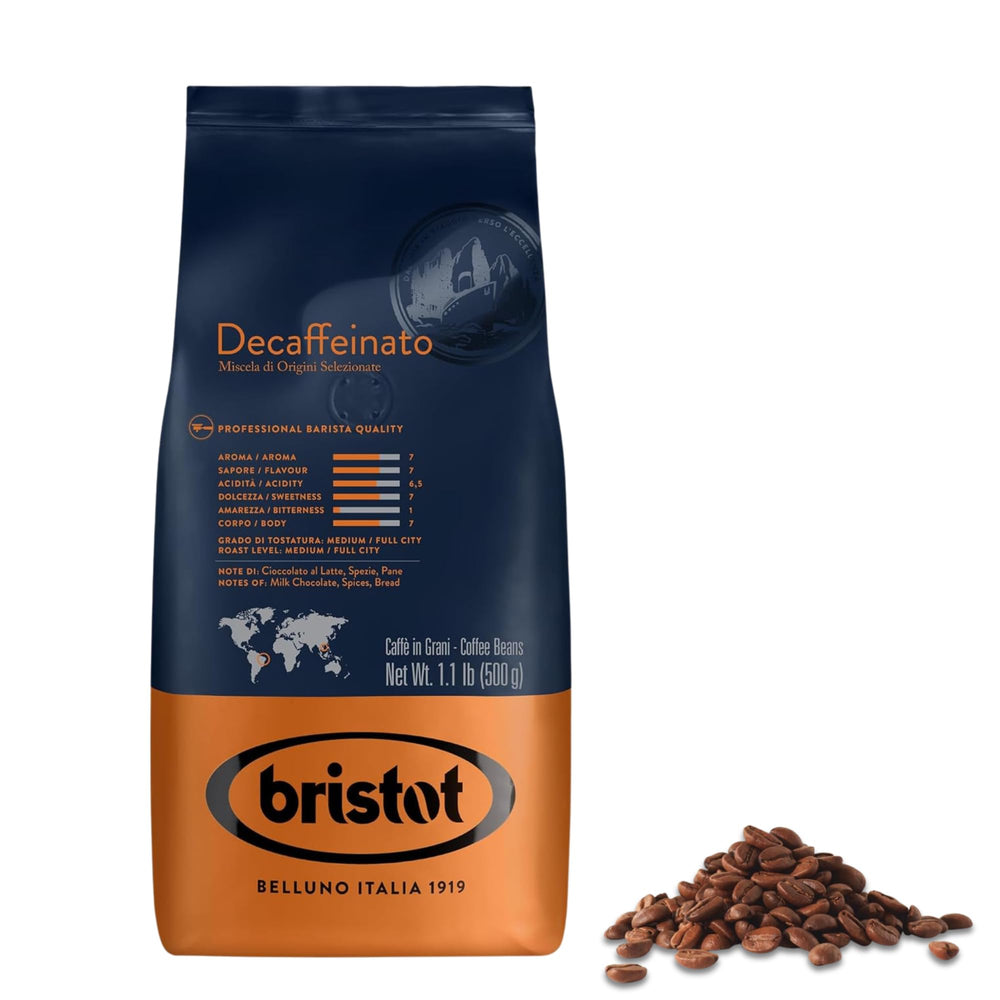 Bristot decaf front packaging showing 500g bag and Italian roast benefits